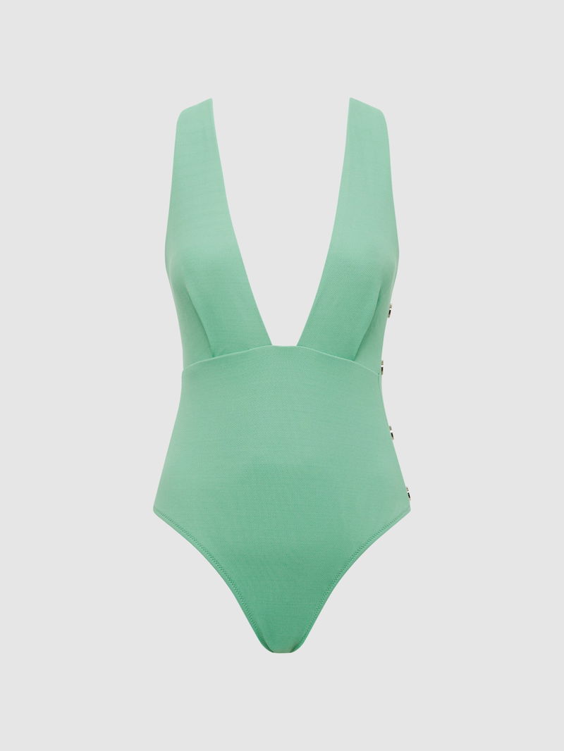 REISS Orla Plunge Swimsuit With Button Detail in Seafoam