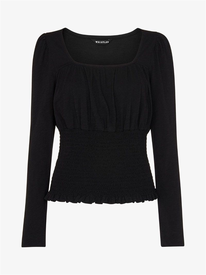 WHISTLES Square Neck Shirred Cotton Top in Black