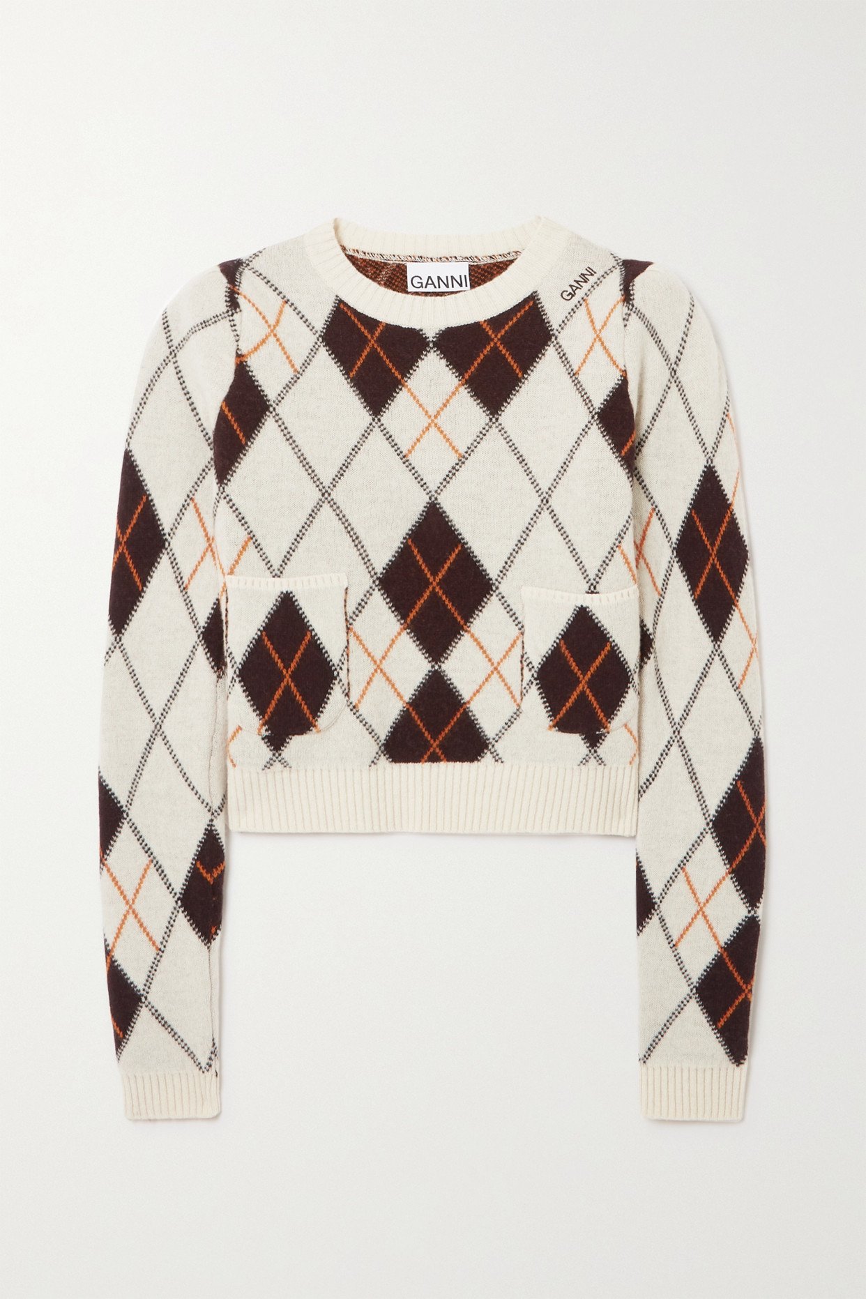 GANNI Argyle Merino Wool And Cashmere-Blend Sweater in Ivory