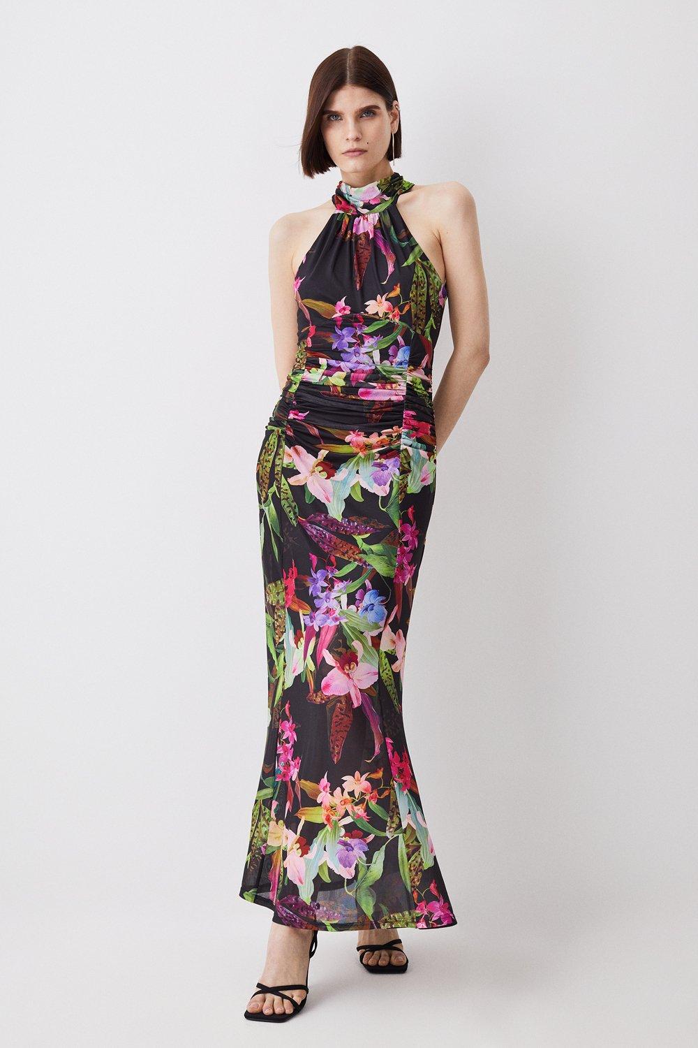 KAREN MILLEN Floral Mesh Halter Maxi Dress in Floral Endource