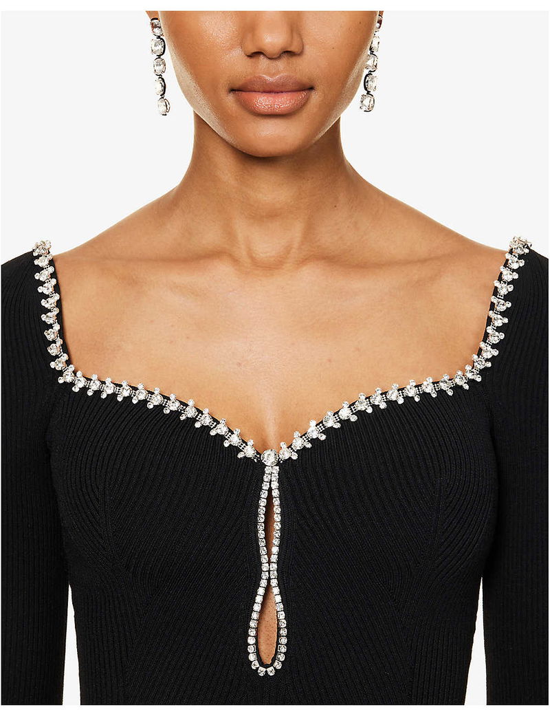 SELF-PORTRAIT Diamante-Embellished Ribbed Knitted Mini Dress | endource