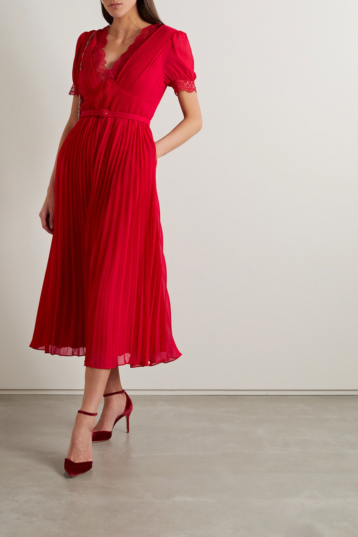 SELF-PORTRAIT Belted Lace-Trimmed Pleated Chiffon Midi Dress | endource SELF-PORTRAIT Belted Lace-Trimmed Pleated Chiffon Midi Dress | endource