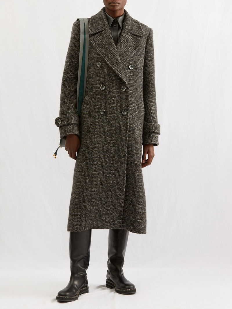 CHLOÉ Double-Breasted Wool-Blend Tweed Coat in Grey | endource 