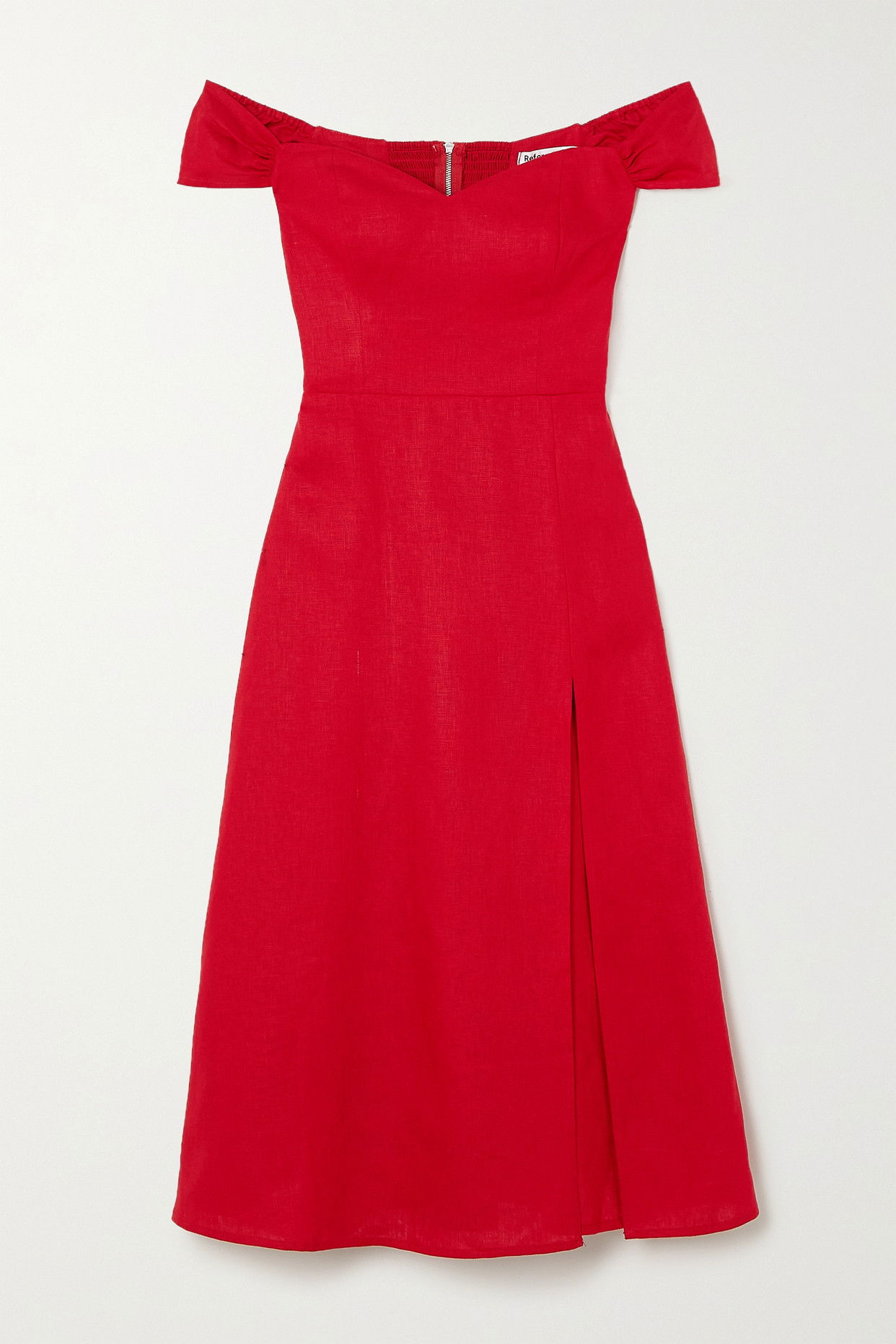 REFORMATION Bridgton Off-The-Shoulder Smocked Linen Midi Dress | endource REFORMATION Bridgton Off-The-Shoulder Smocked Linen Midi Dress | endource