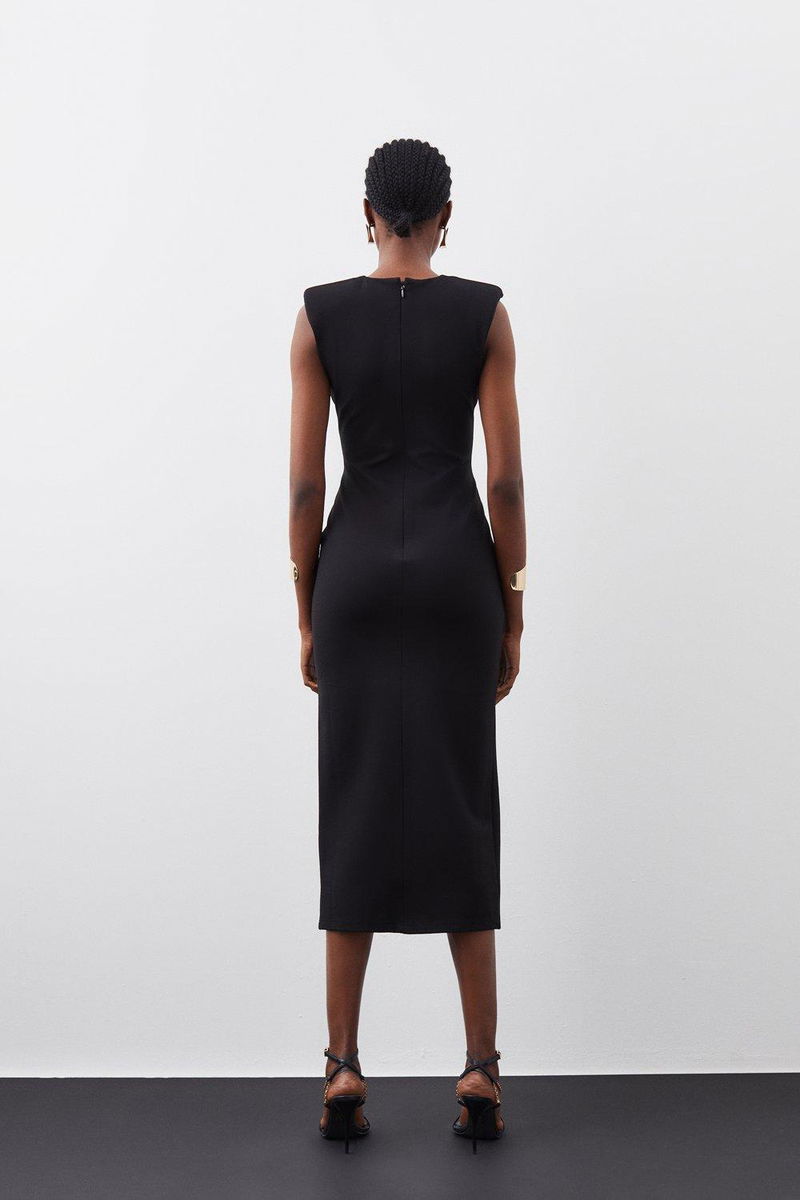 KAREN MILLEN Ponte Plunge Strong Shoulder Midi Dress | endource