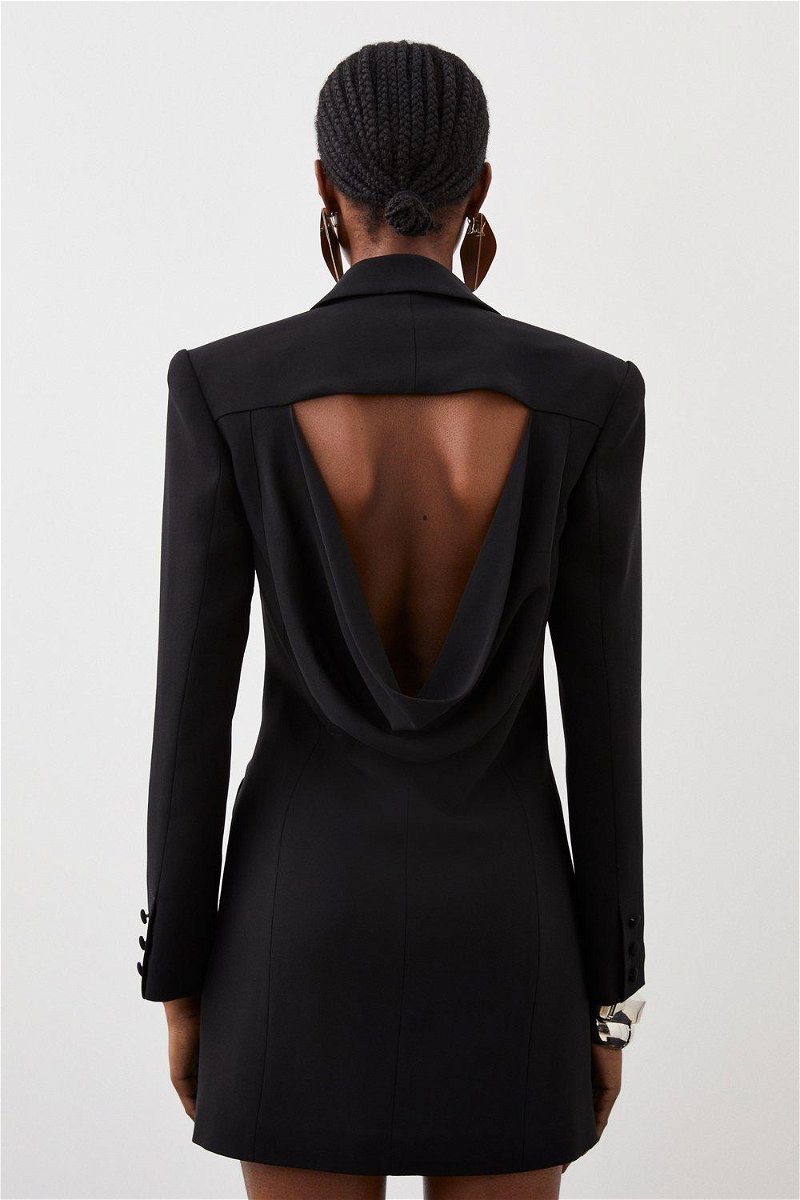 Black Plunge Contrast Backless Mesh Blazer Dress
