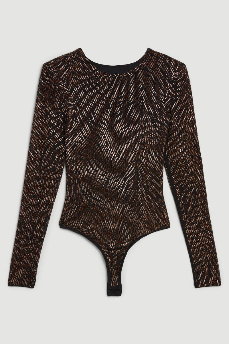 Black Chevron Mesh Long Sleeve Thong Bodysuit