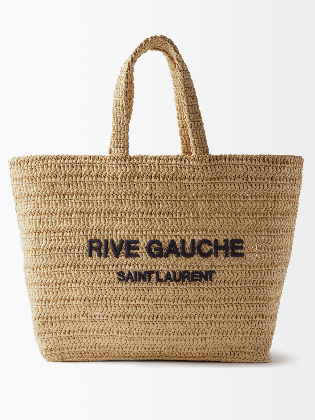 SAINT LAURENT Rive Gauche Logo-Embroidered Raffia Tote Bag endource