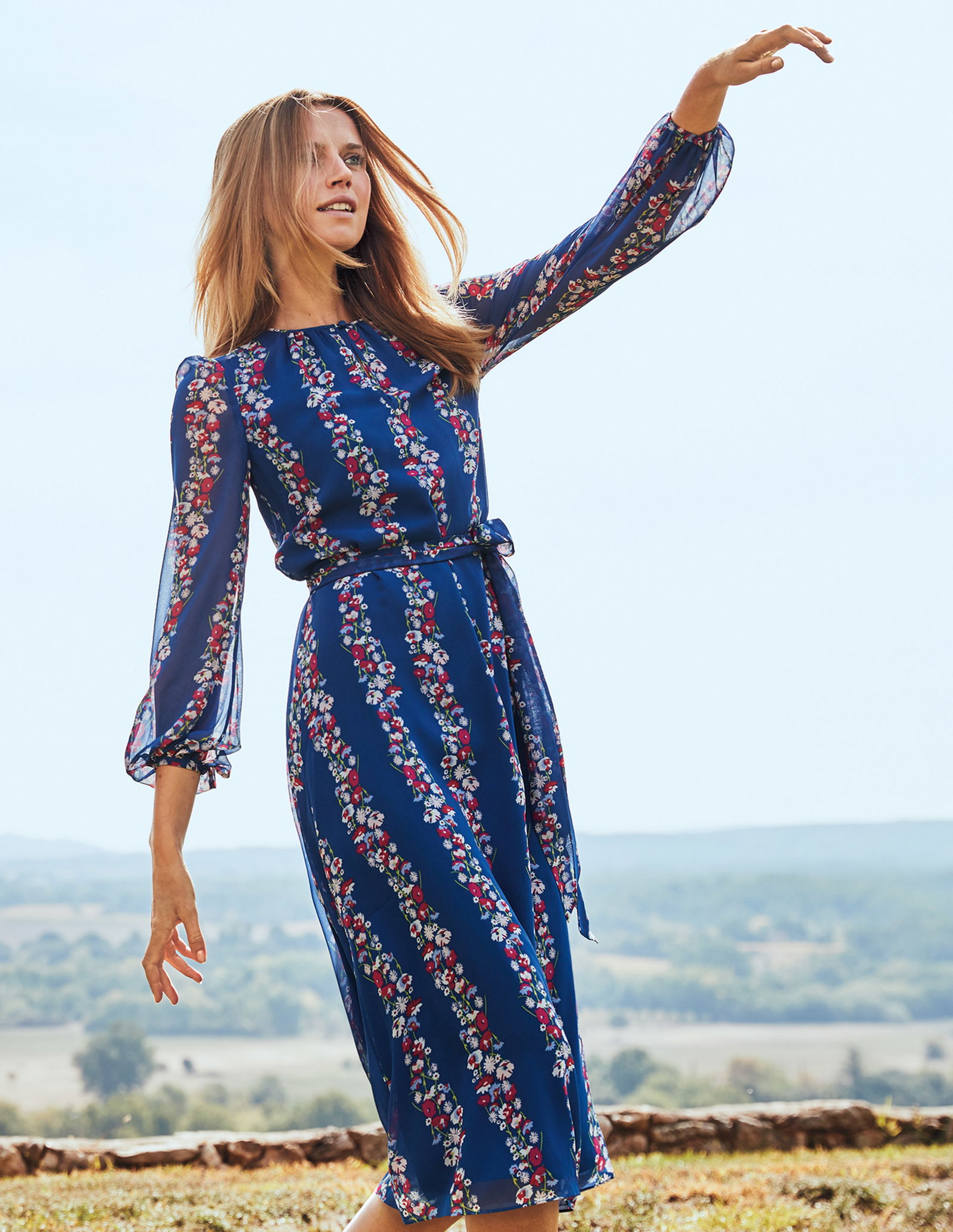 designer dress midi Floral Stripe Cotton Drop-Waist Midi Dress