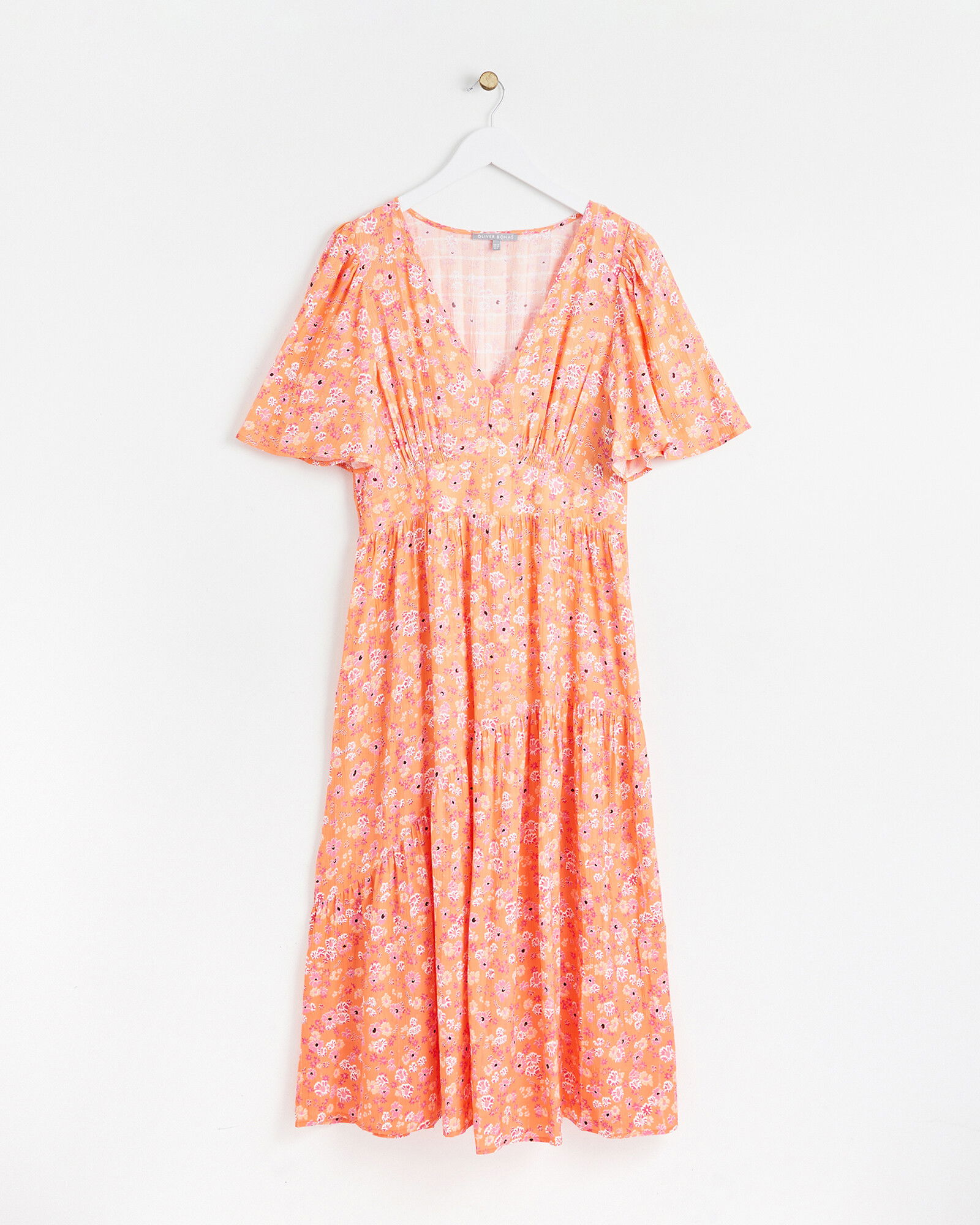 oliver bonas orange dress Orange Sunburst Print V-Neck Midi Dress