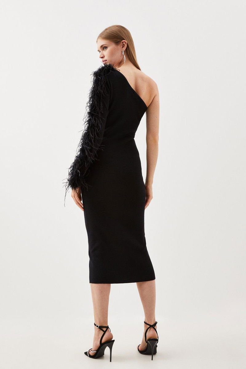 karen millen black one shoulder dress Karen Millen Polka Dot Mesh One Shoulder Ruched Midi Dress in Black