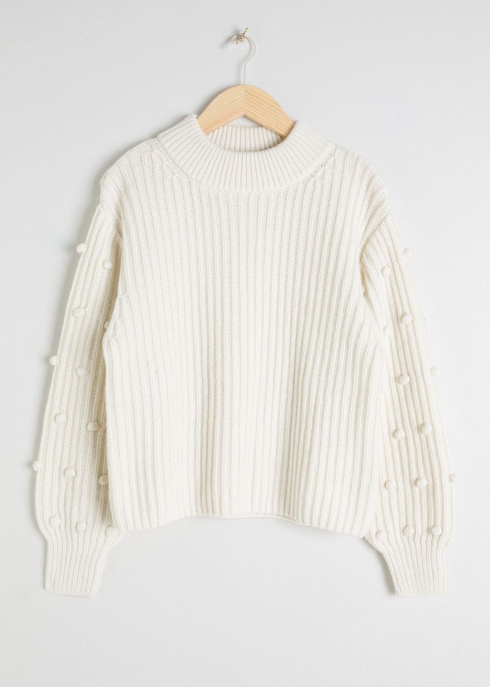 & OTHER STORIES Pom Pom Sleeve Sweater in White | Endource