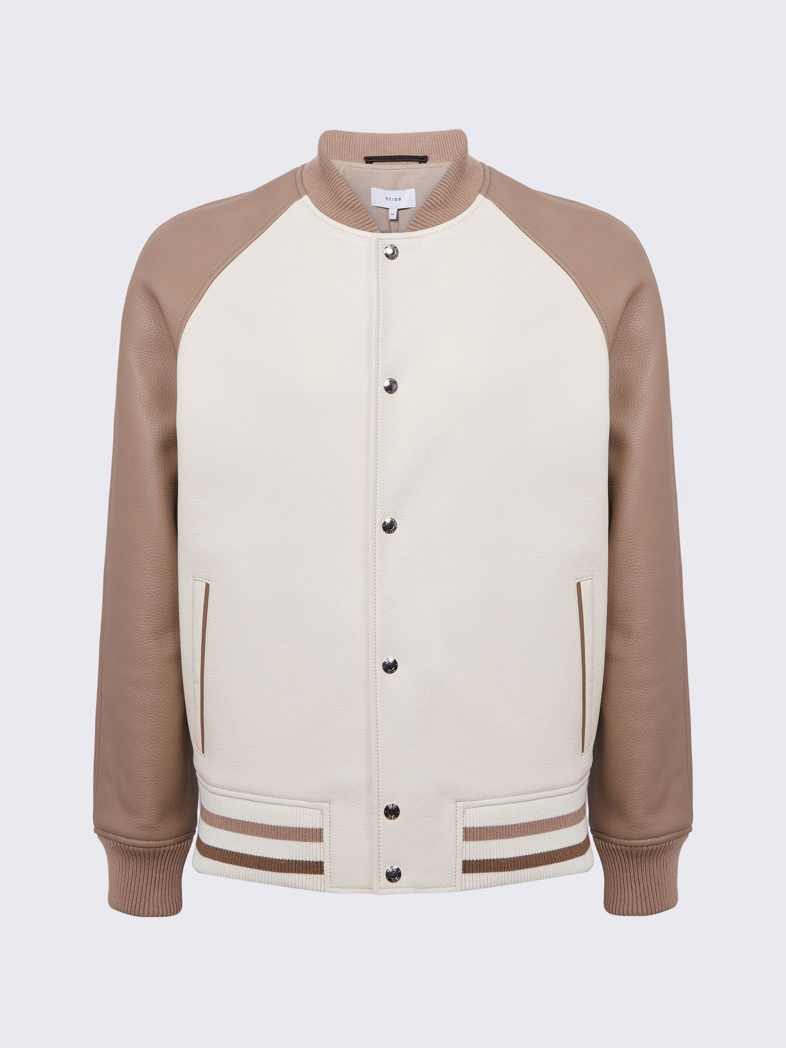 REISS Cortez Leather Bomber Jacket in Ecru/Taupe Endource