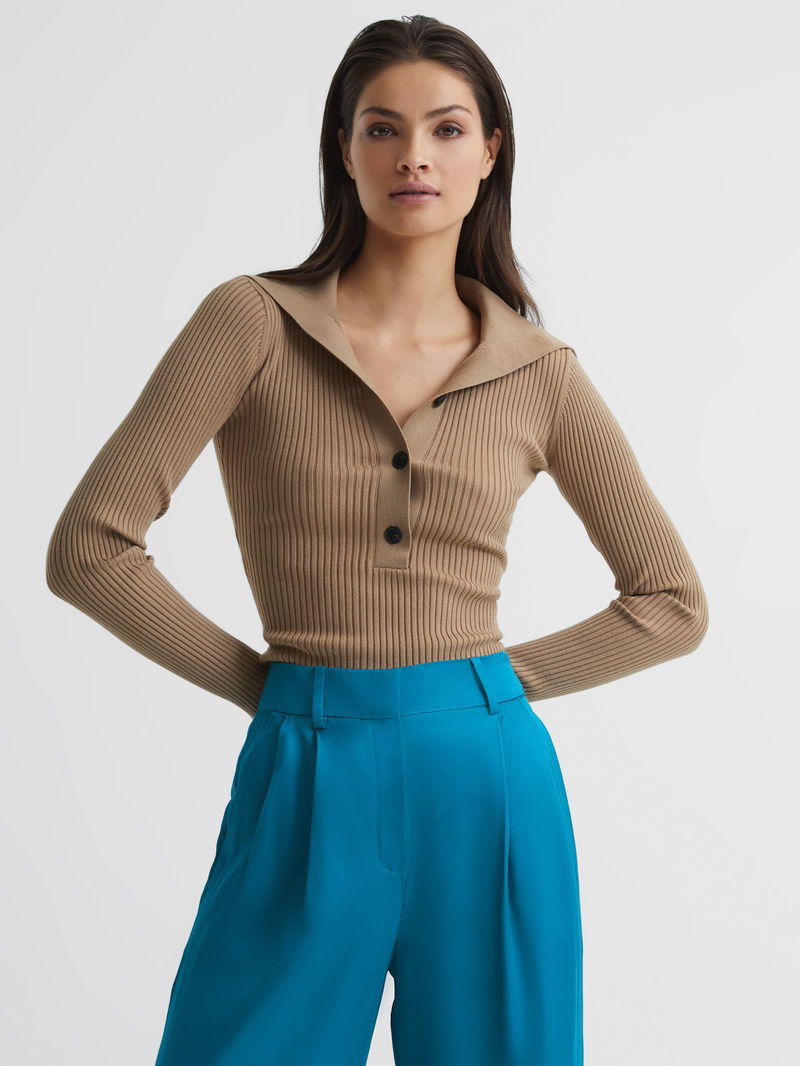 REISS Maia Button Collar Jumper Top in Camel Endource