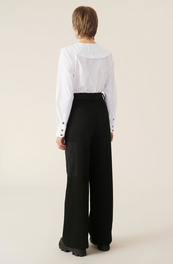 Frill Neck Cotton Poplin Shirt - Blue Jasper/White