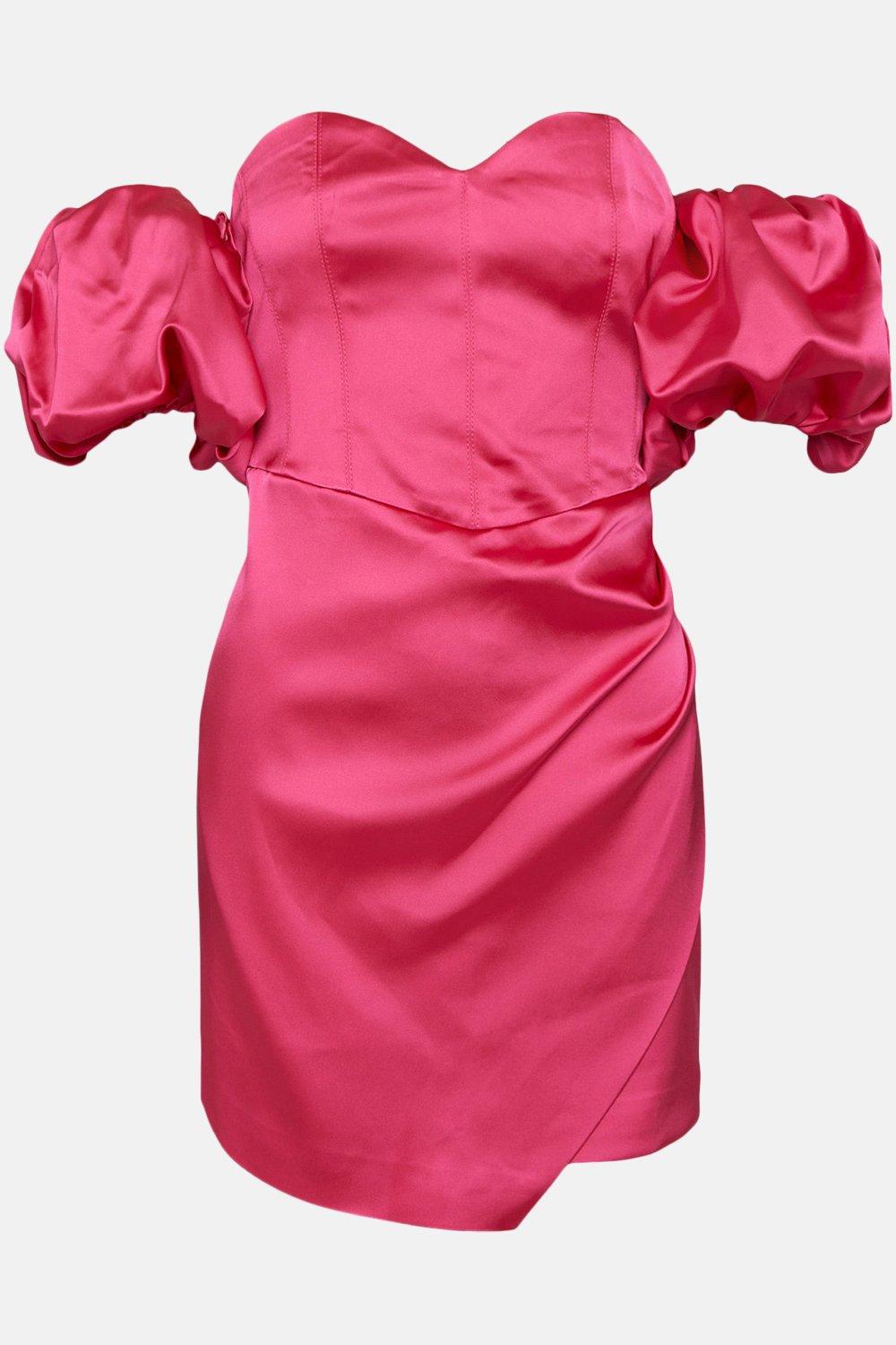 Italian Structured Satin Mini Dress Puff Sleeves, 40% OFF