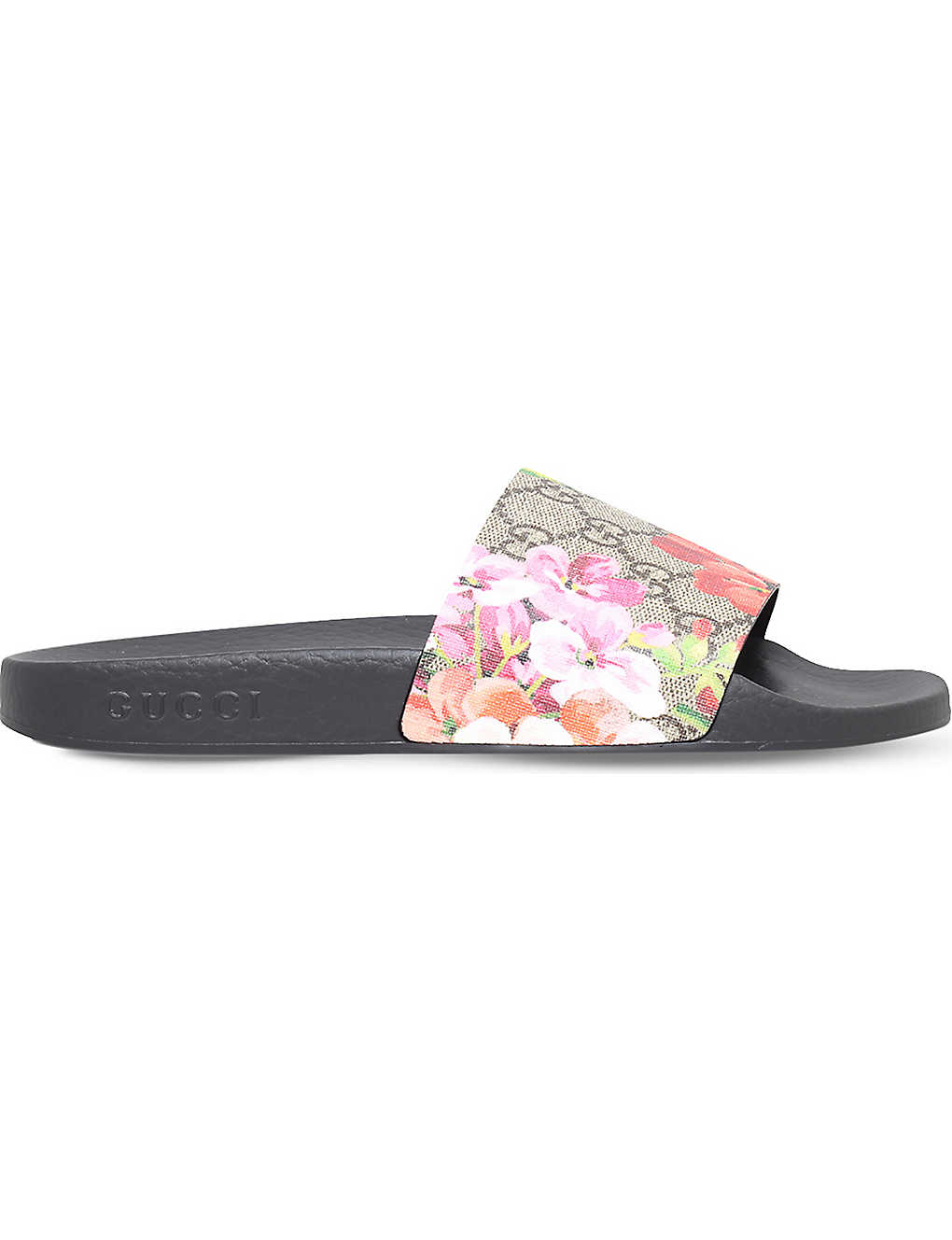 Pink Gucci Bloom Slides Mens GUCCI Pursuit Floral-Print Leather