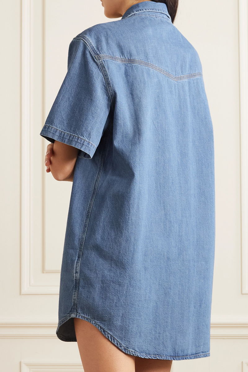 sleeveless button up denim dress Front with Pockets & Eyelet Detail OCT2025IMMIDIATES Dark wash denim Notched Princess Ruffle Denim Dress Train Length:Medium (50cm - shown)