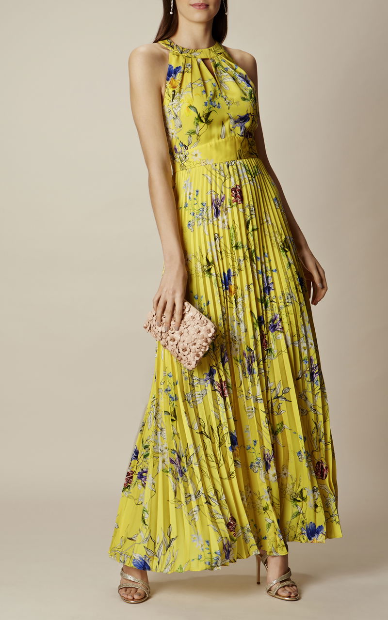 karen millen yellow pleated dress Karen Millen Premium Linen Structured Pleated Bandeau Tailored Midi Pencil Dress in Neutral