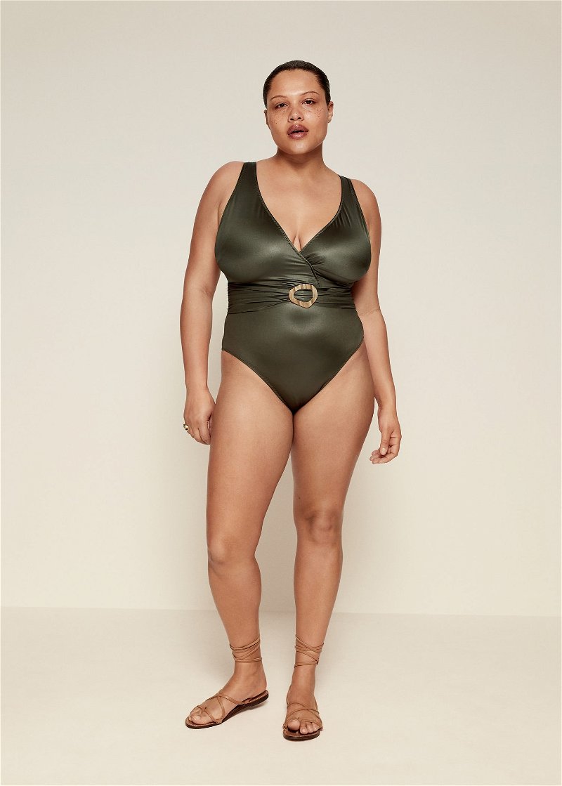 Accessorize belted swimsuit in khaki