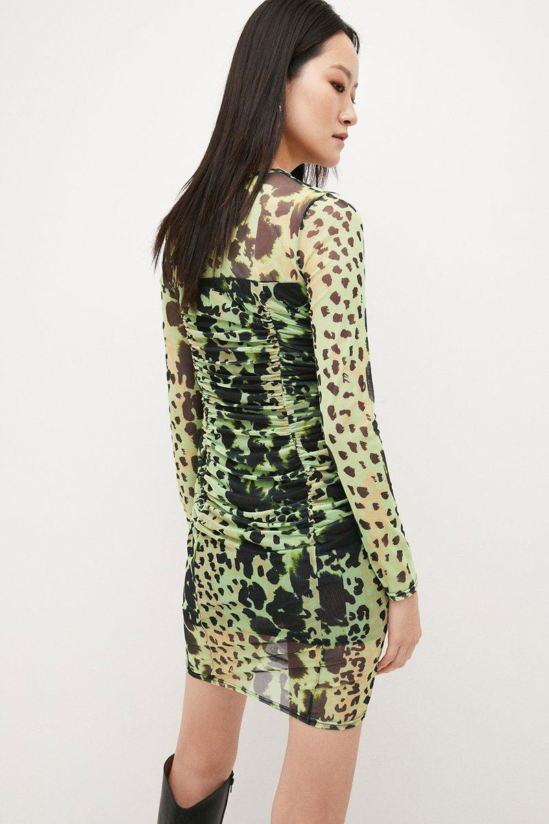 KAREN MILLEN Marble Ruched Long Sleeve Mesh Jersey Dress | endource