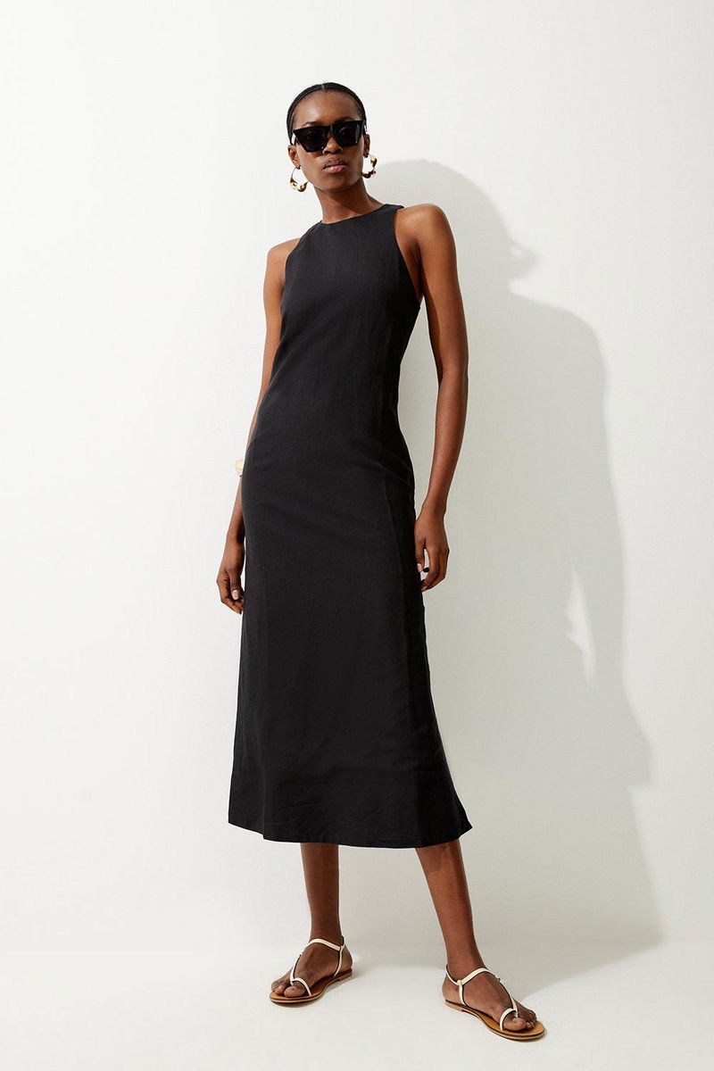 halter column midi dress 50% off KAREN MILLEN Viscose Linen Woven Satin
