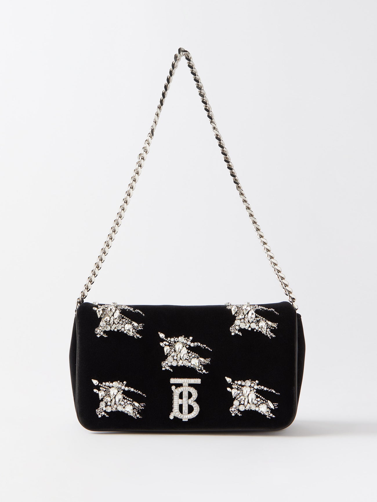 Women Black Falabella Mini Velvet and Crystal Chain Shoulder Bag