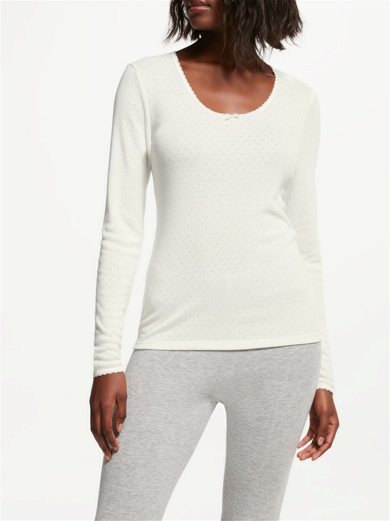 Lyric Thermals Harmony Cotton Pointelle Long Sleeve Top, White - Tops