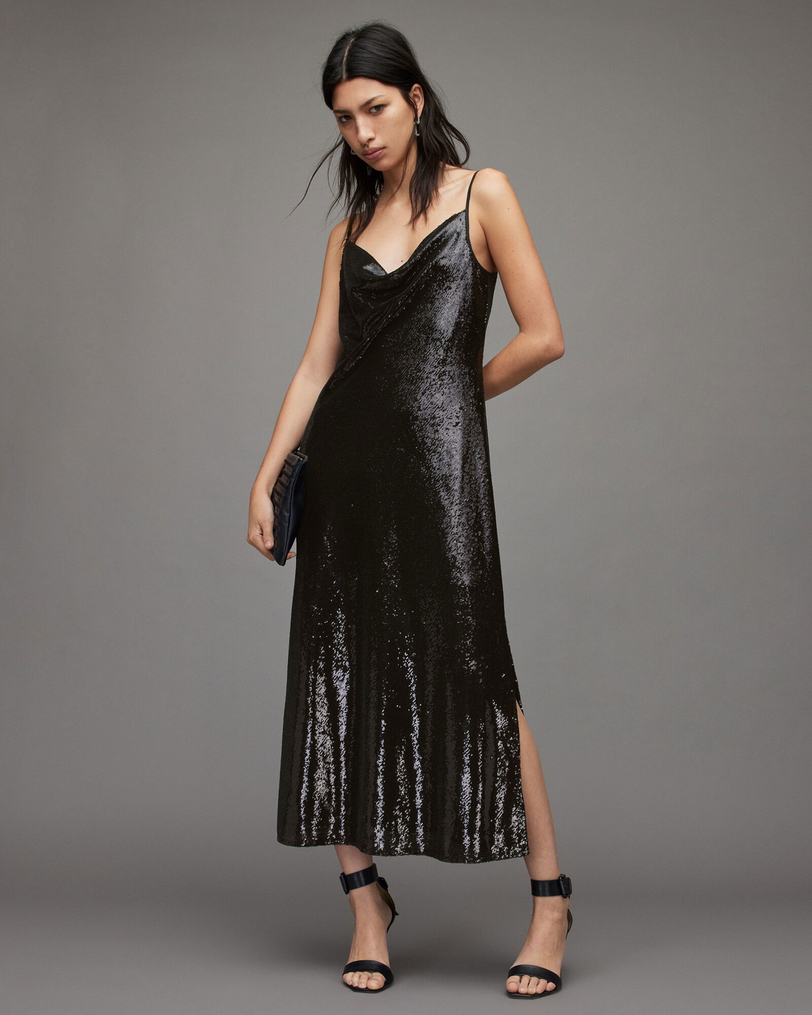 AllSaints Hadley Cowl Neck Midi Slip Dress, Black at John Lewis & Partners