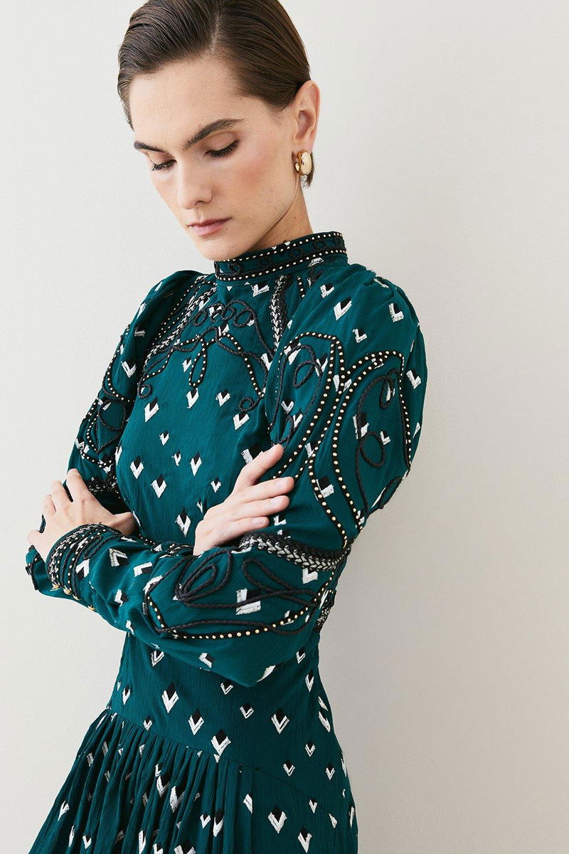 KAREN MILLEN Embroidered Cornelli Tape Woven Dress