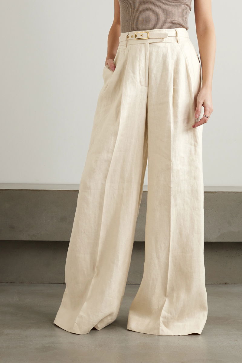 Matchmaker Belted Whipstitched Linen Wide-Leg Pants