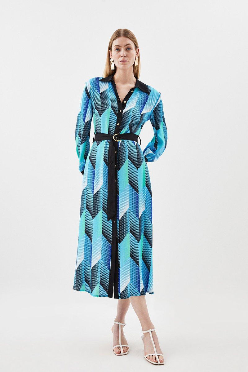 karen millen blue shirt dress Karen Millen Premium Viscose Linen Woven Shirt Dress With Gold Buckle Belt in Navy