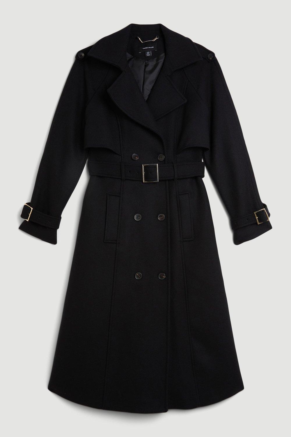 KAREN MILLEN Italian Wool Blend Tailored Belted Trench Coat in Black ...