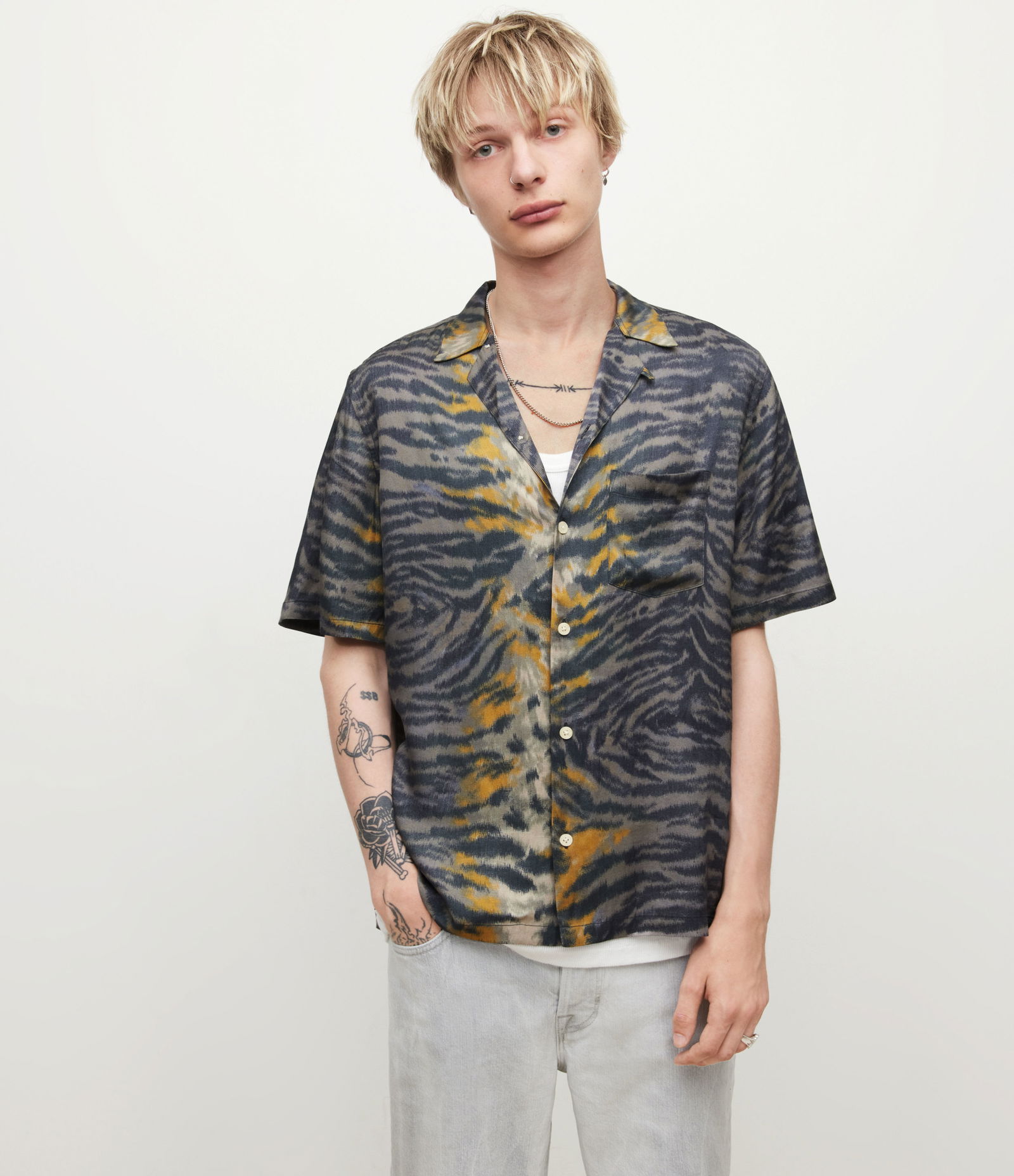 ALLSAINTS Baikal Tiger Stripe Shirt in Pipe Grey | Endource