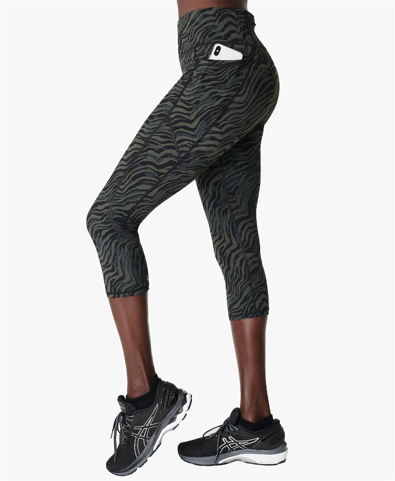 SWEATY BETTY Zero Gravity High-Waisted Cropped Running Leggings in Olive  Green Leopard Print