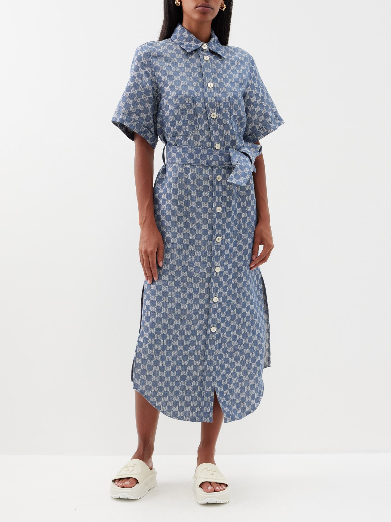 GUCCI GG-Jacquard Tie-Waist Linen Shirt Dress in Blue