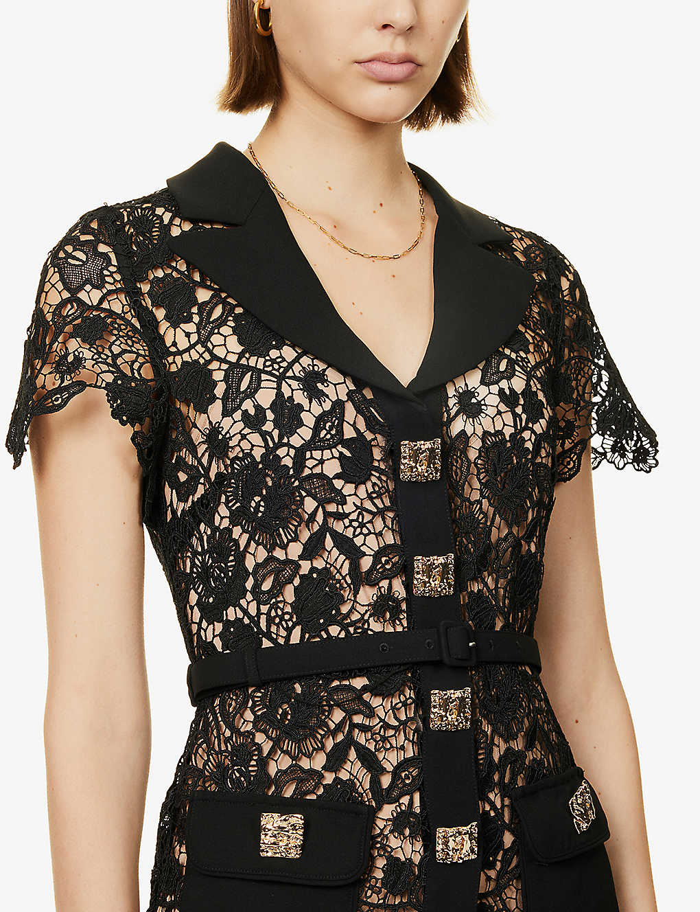self portrait magnolia lace dress SELF-PORTRAIT Magnolia Belted Crepe-Trimmed Guipure Lace Mini Dress