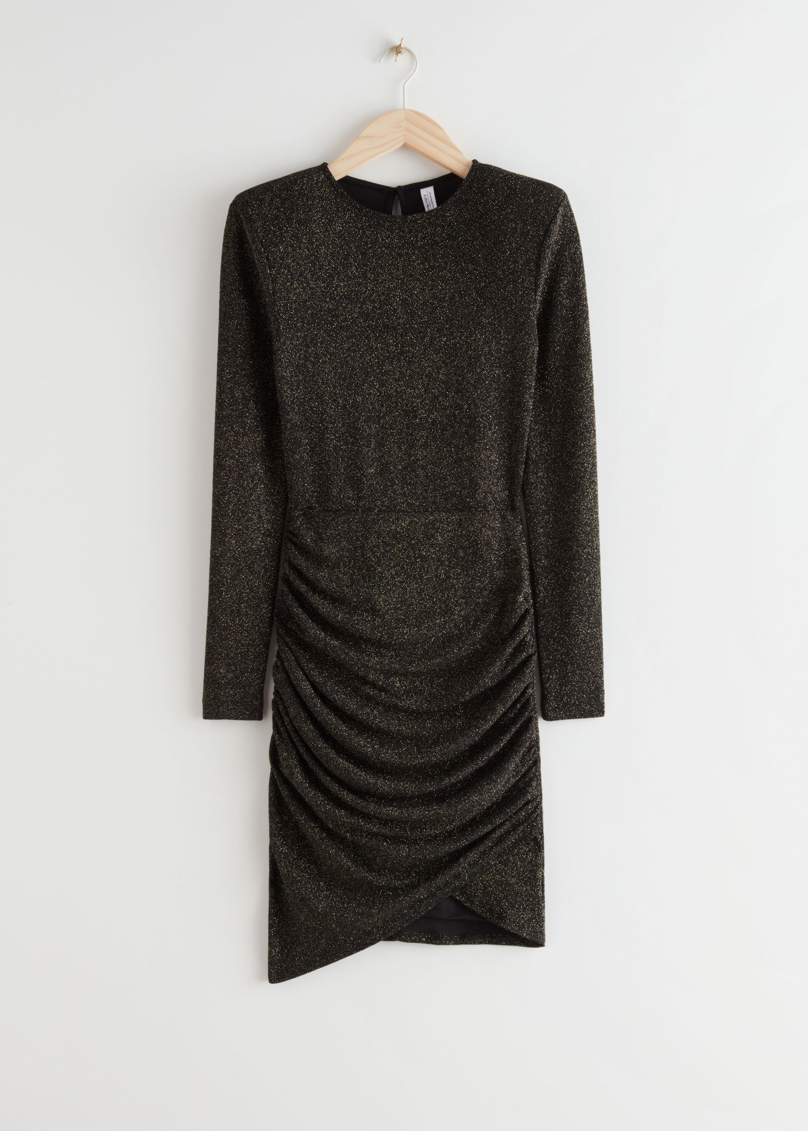 Draped Padded Shoulder Glitter Mini Dress