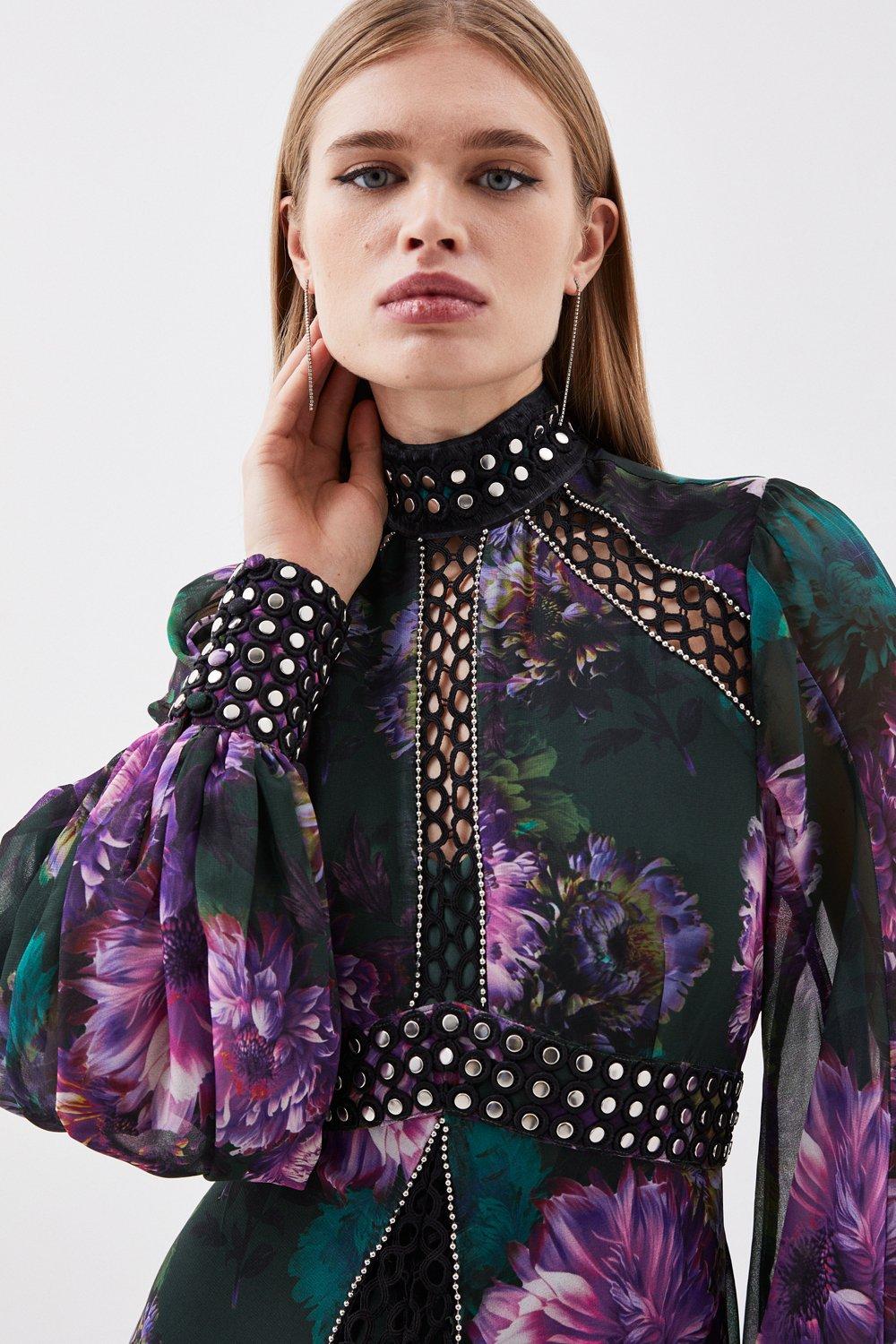KAREN MILLEN Floral Studded Lace Woven Maxi Dress | endource