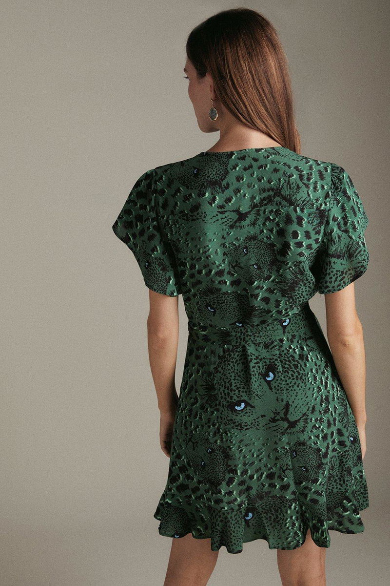 KAREN MILLEN Conversational Leopard Short Woven Wrap Dress endource