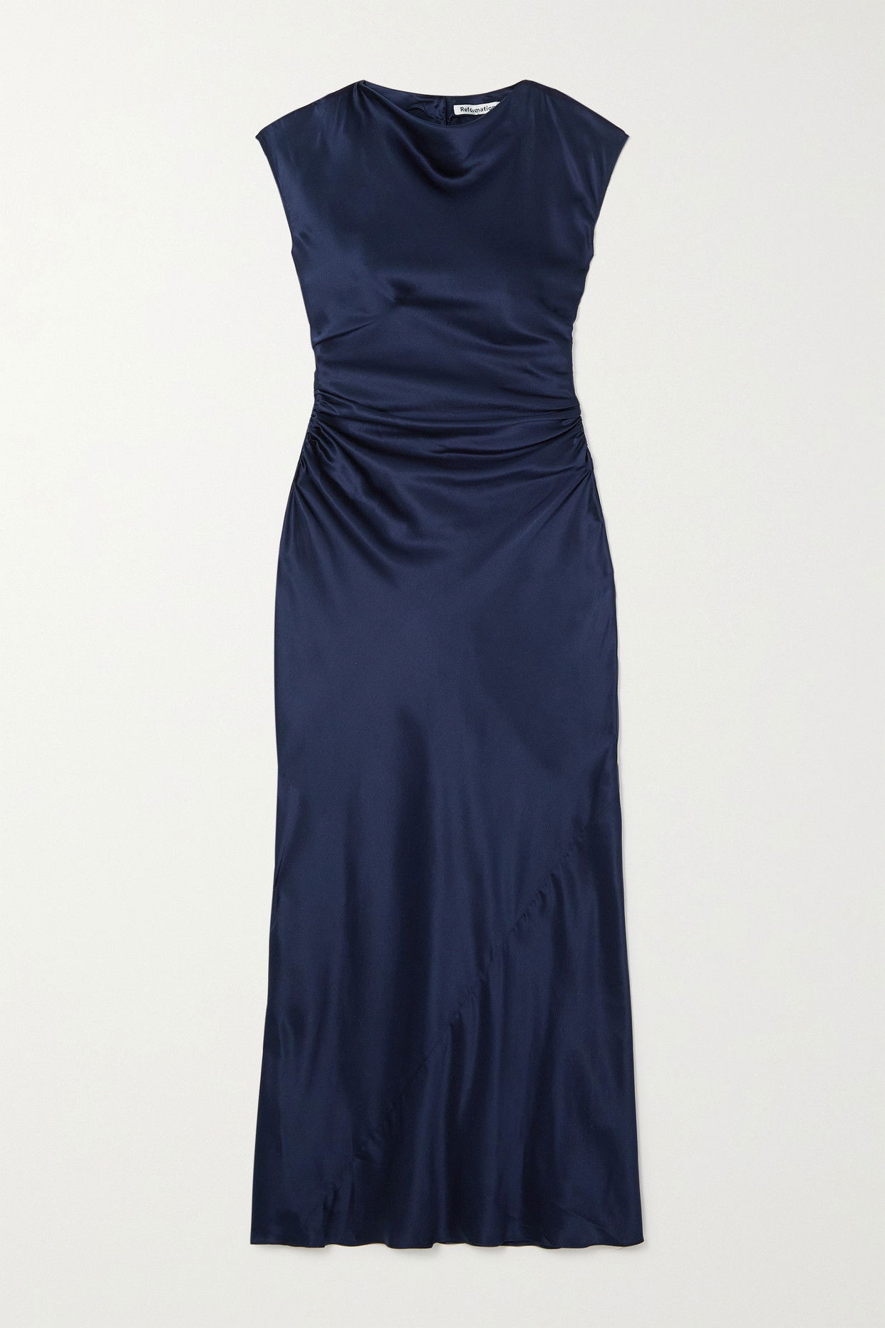 REFORMATION Veida Ruched Draped Silk-Satin Midi Dress in Blue | Endource