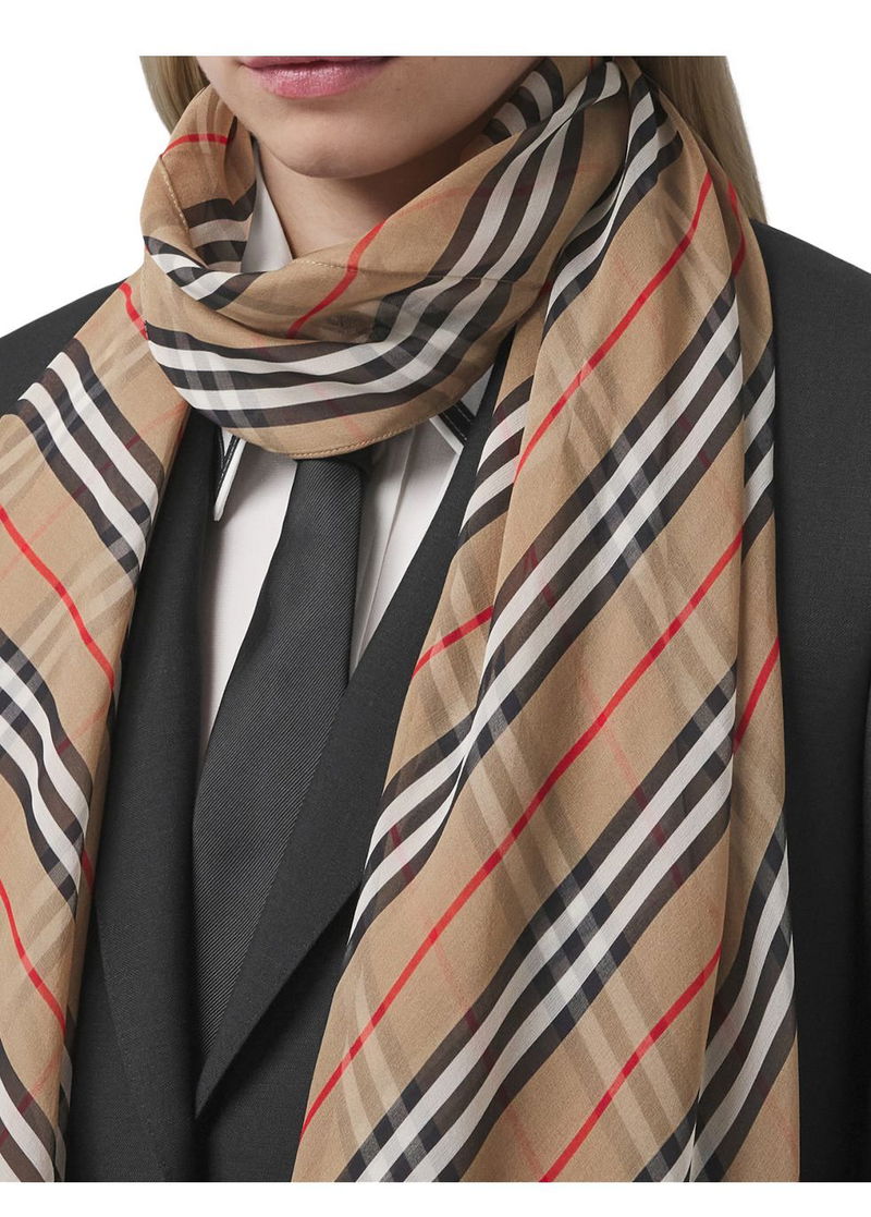 Check Lightweight Wool Silk Scarf in Archive Beige