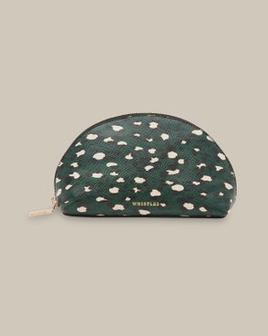 Green speckled pouch with gold zipper and WHISTLES branding