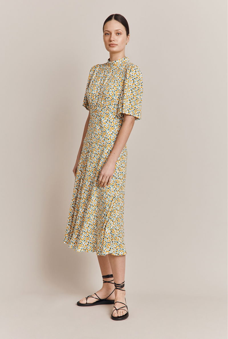 knee length dresses for ladies Midi Yellow Halter Summer Dress with Side Pockets– PromGirl main image 1