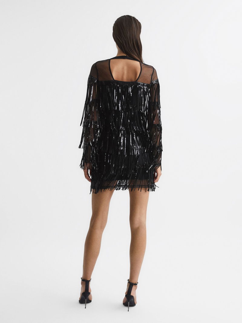 reiss black sequin dress REISS Josephine Fringe Sequin Sheer Mini Dress