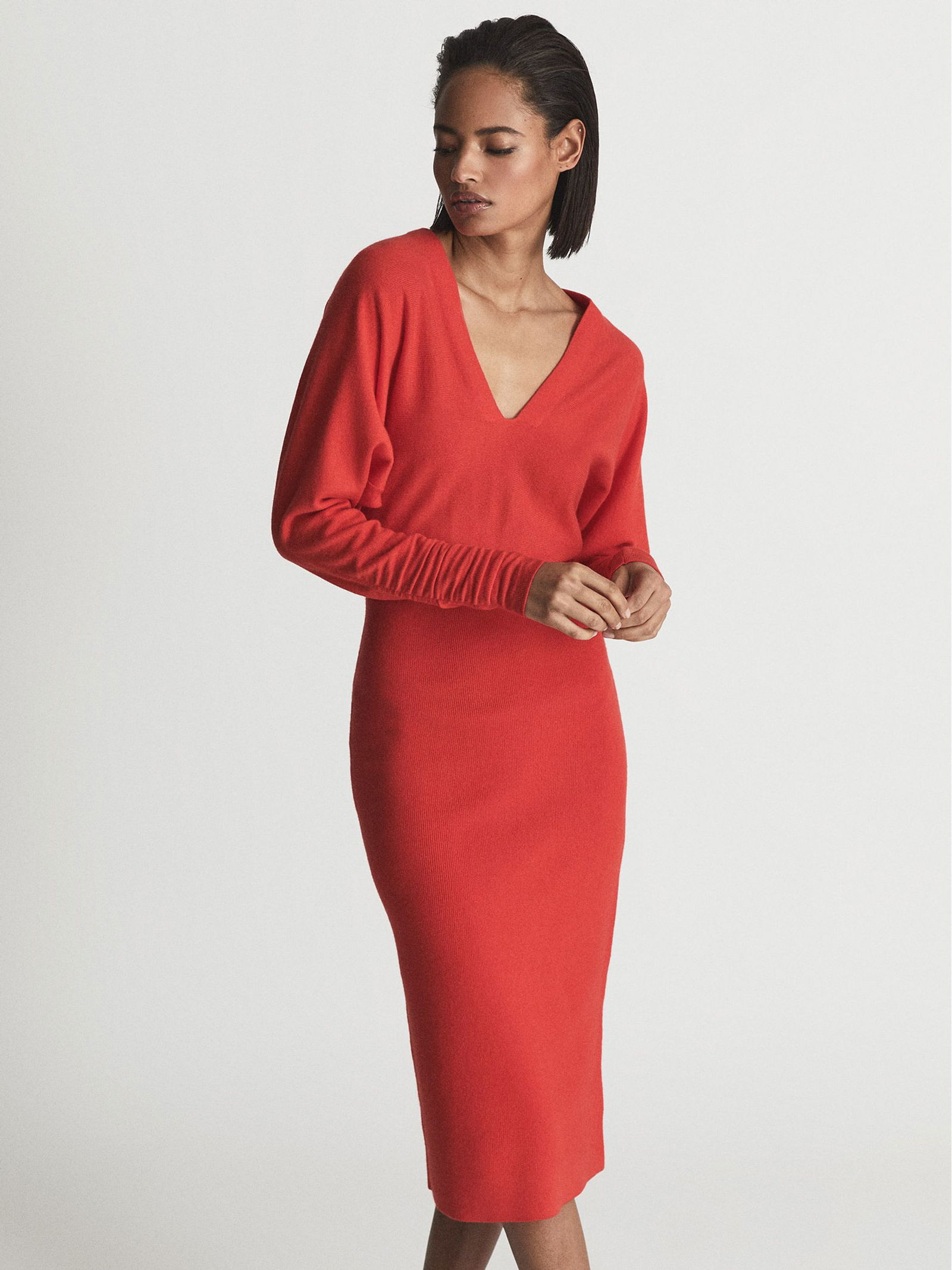 reiss jenna ruched sleeve knit bodycon dress REISS Jenna Regular Cashmere Blend Ruched Sleeve Dress