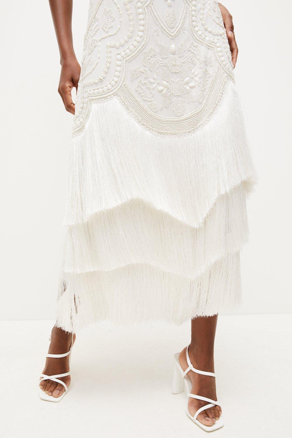 karen millen beaded fringed woven maxi dress Beaded Pearl Off Shoulder Ball Gown Wedding Dress with Long Sleeve – Rosymae