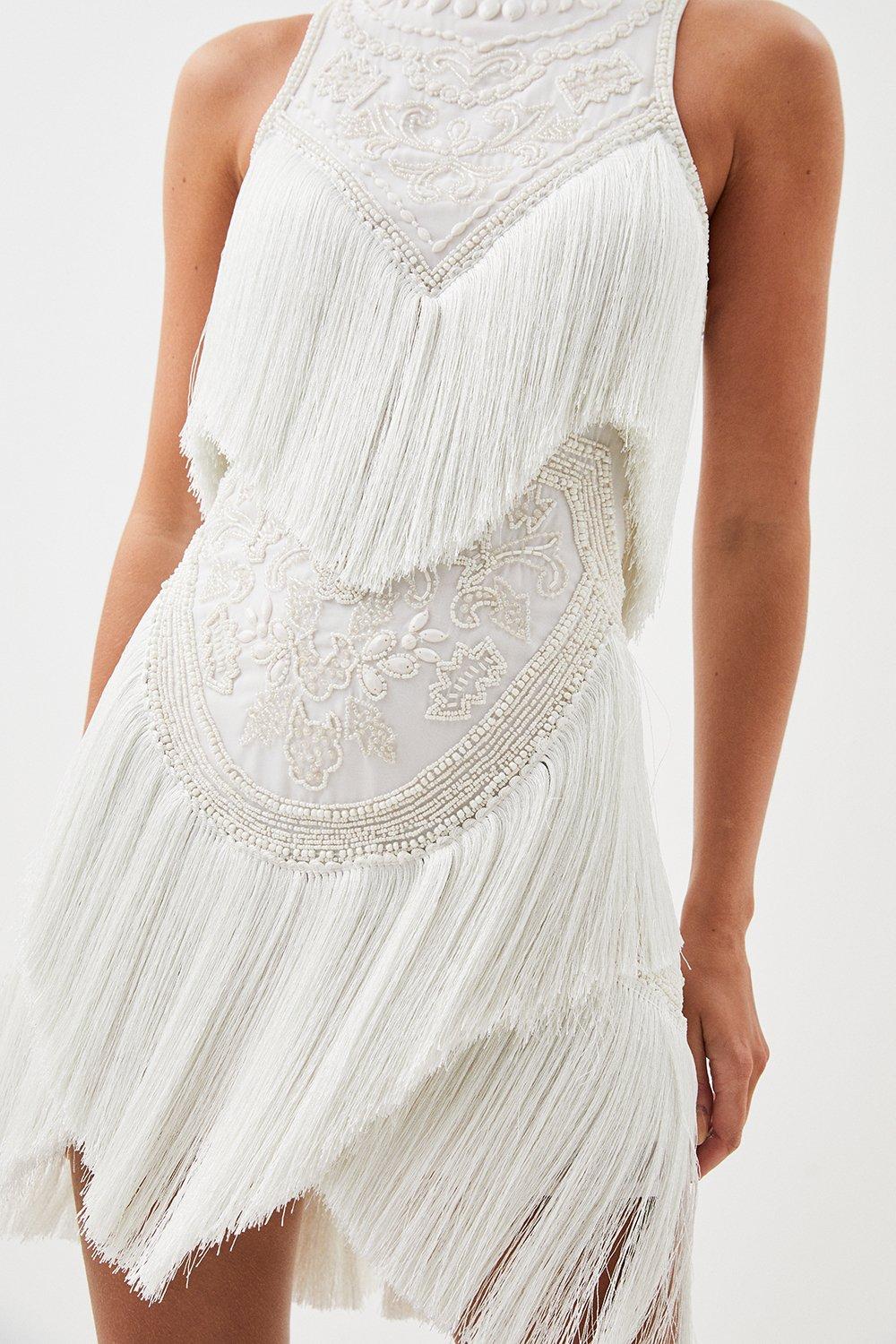 KAREN MILLEN Petite Fringe And Beaded Halter Neck Mini Dress | endource