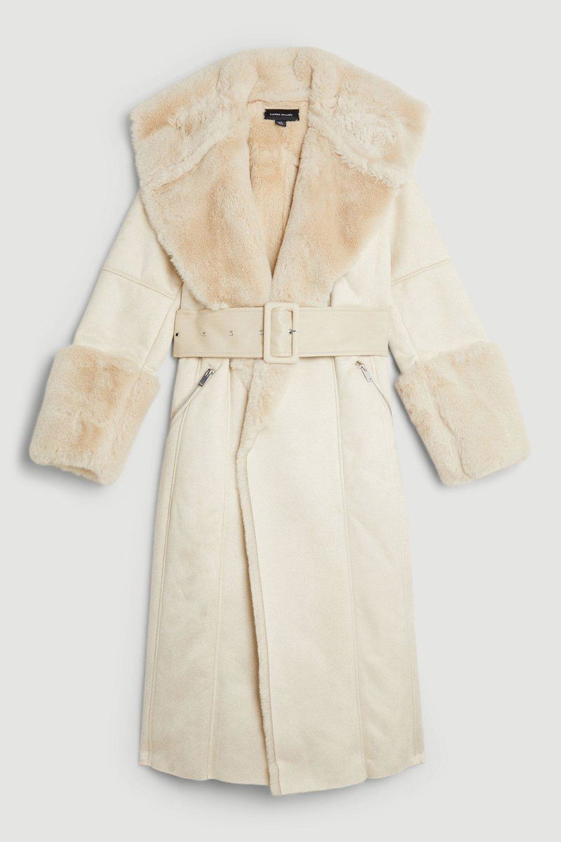 Faux Fur Belted Mock Neck Coat