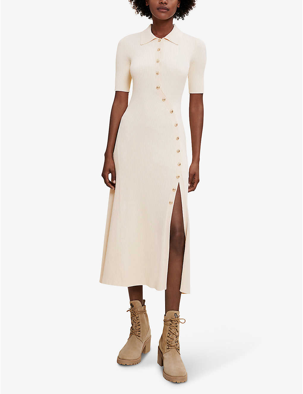 MAJE Rimisa Asymmetric Ribbed Stretch Knitted Midi Dress | endource